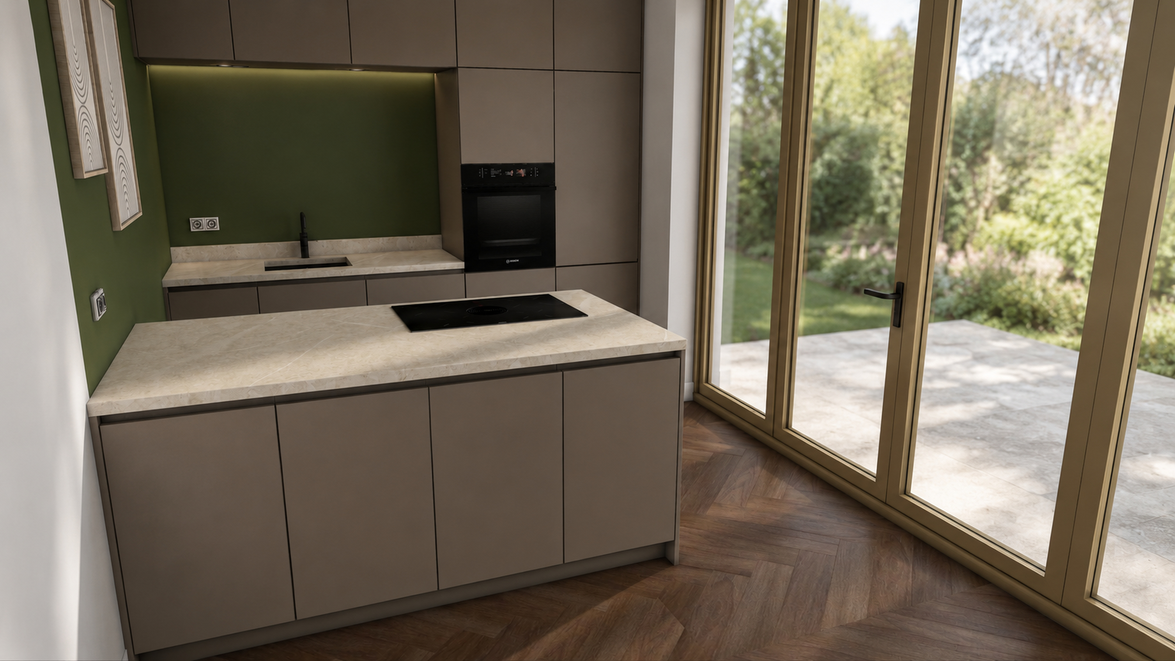 Eigen 3D-visualisatie met groene keukenwand en maatwerkdetails